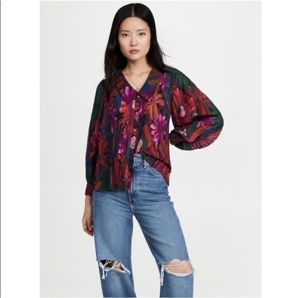 NEW Farm Rio Women’s Bird Flowers Pleated Shirt Multicolor - Picture 3 of 13